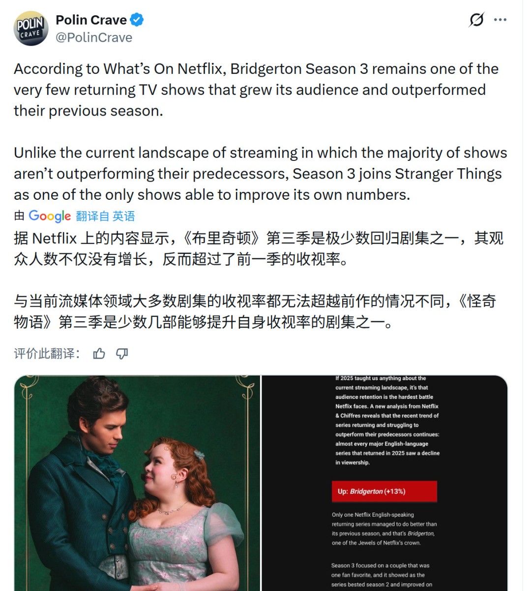 ‌《布里奇顿》第三季逆势增长 虽陷叙事困境仍获关注