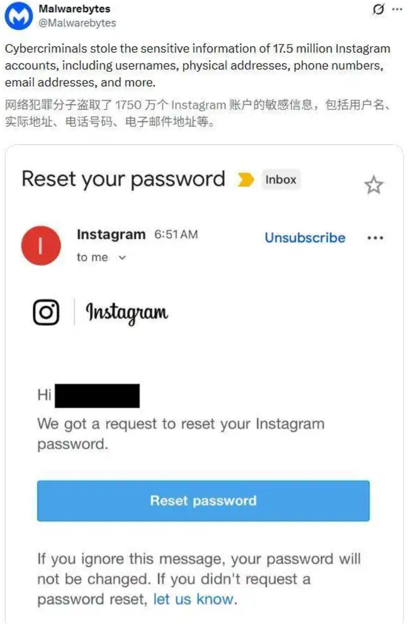 ‌Instagram近1750万用户数据遭泄露 密码未受影响