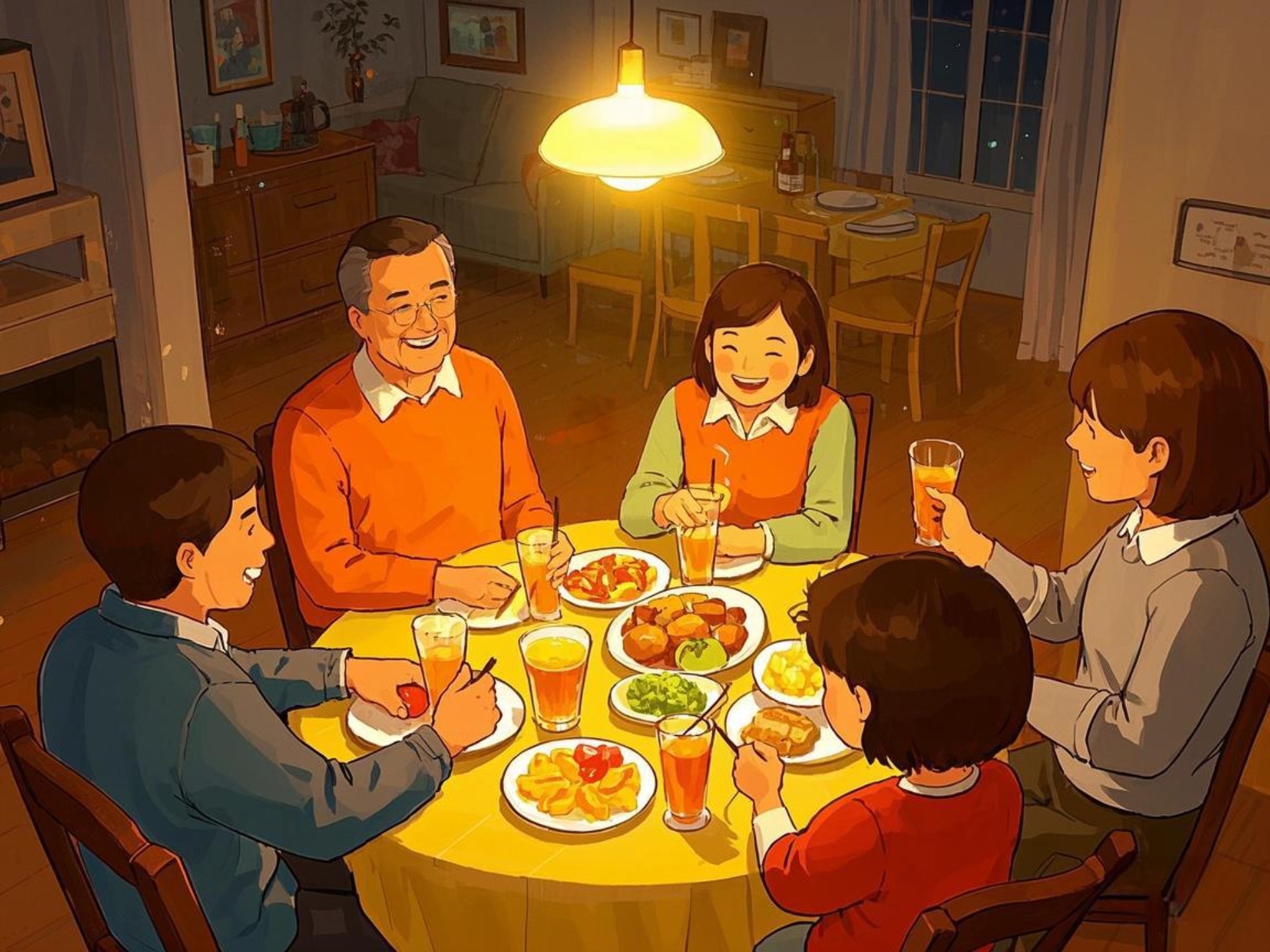 家人闲坐,灯火可亲