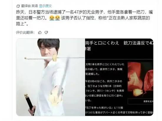 佐贺男子持三菜刀上街 辩称去取蔬菜被捕