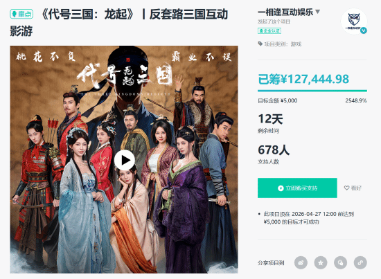 真人互動(dòng)三國(guó)游戲《代號(hào)三國(guó)：龍起》眾籌破2500%